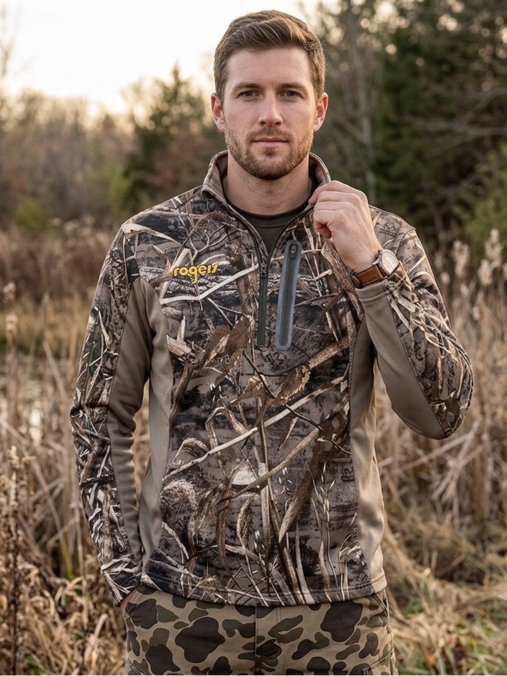 Pursuit Gear Brown Tan Camo Half-Zip Men's Hunting Jacket, Size Medium
